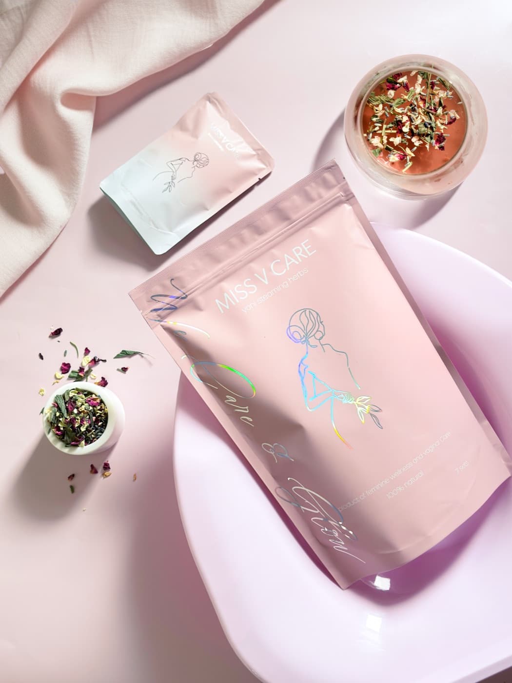 The Miss V Care collection laid out with its herbs