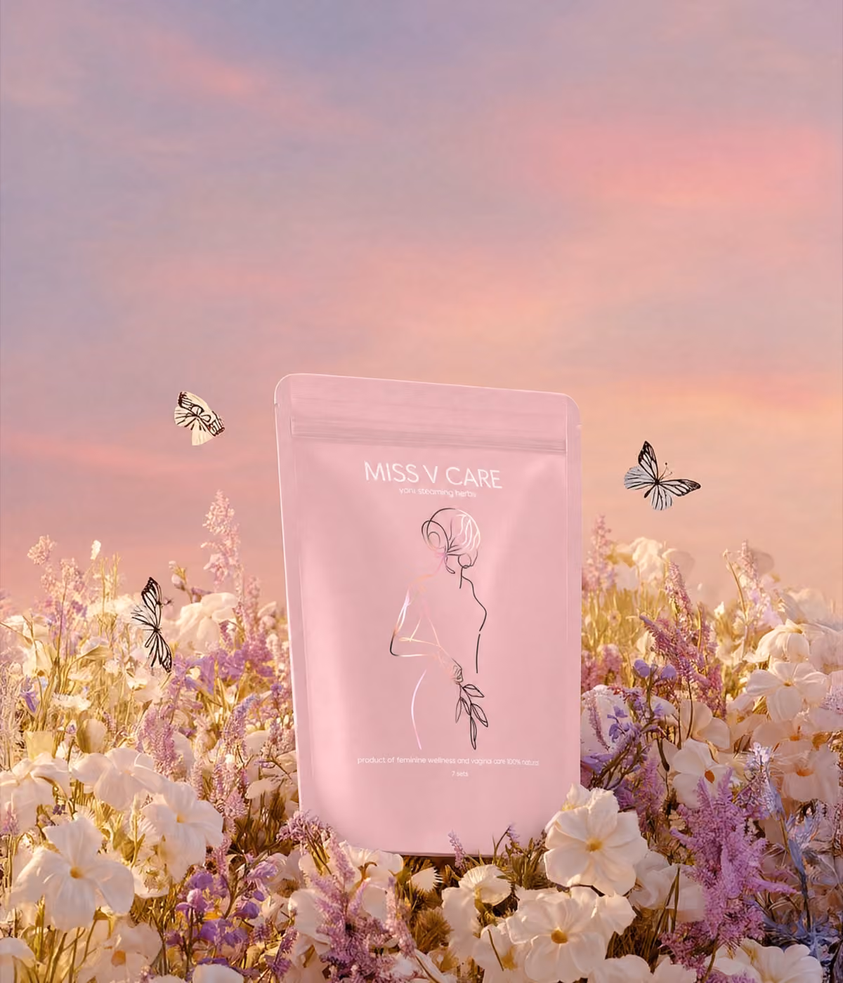 Miss V Care yoni steaming herbs pouch standing in a field of pastel flowers at sunset